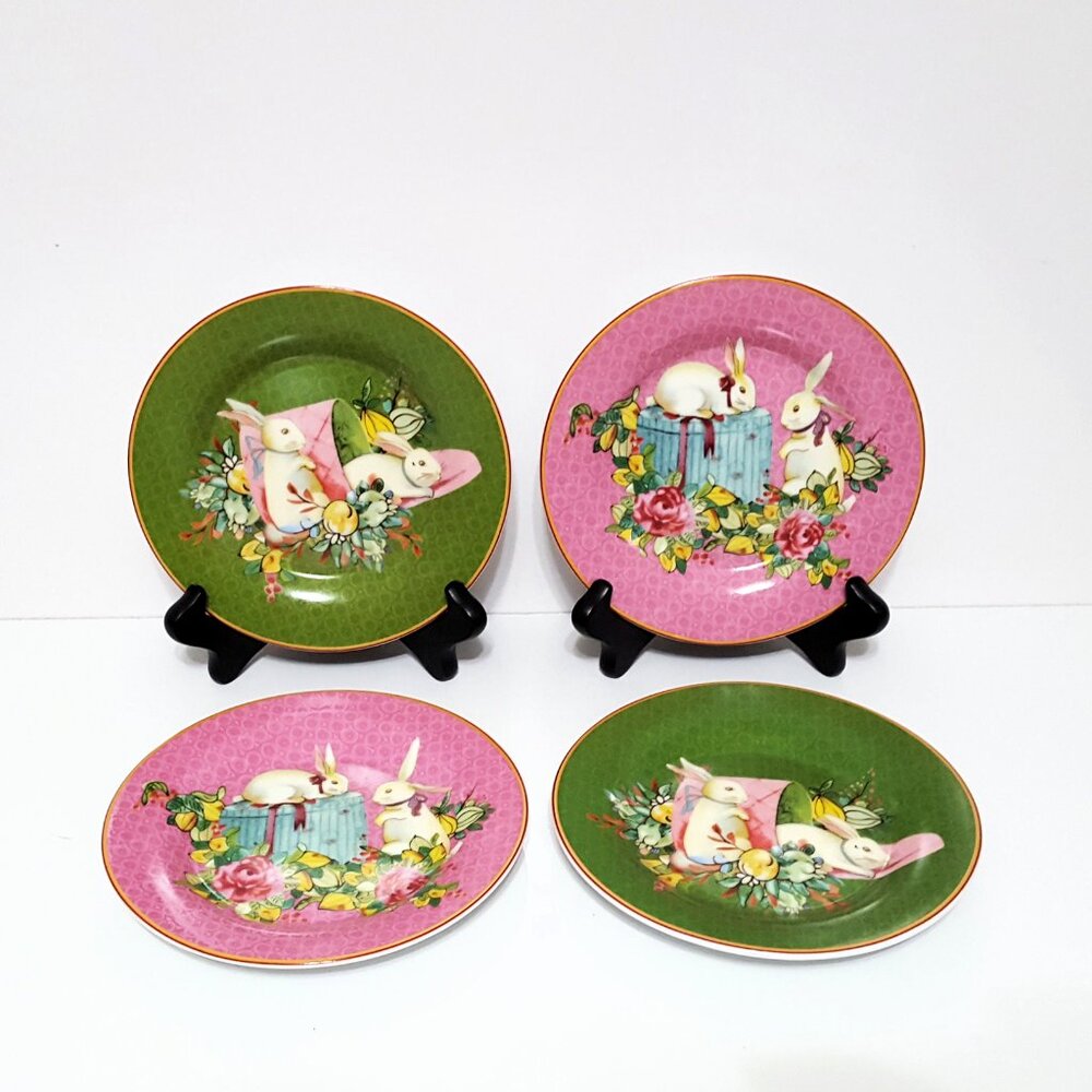 Williams Sonoma Set of 4 Famille Rose Bunny Porcelain Appetizer Plates NIB